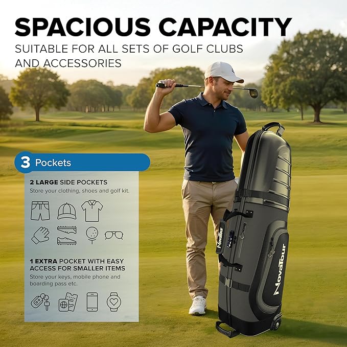 Golf Travel Bag for Airlines: Hard Case Top, Waterproof Zippers, 1680D Oxford Fabric, Built-in TSA Lock, Oversized Tank Wheels, Lightweight, Easy to Maneuver – Maximum Club Protection