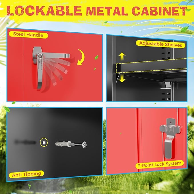 Pataku Metal Storage Cabinet, 72" Garage Cabinet with Doors and Shelves Lockable Steel Multifunctional Cabinets, File Cabinets for Home, Office, Warehouse(Black Red)