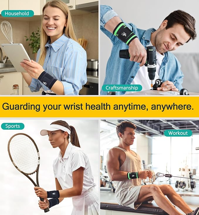 HiRui Wrist Brace Wrist Wraps Compression Wrist Strap, Wrist Support for Work Fitness Weightlifting Sprains Tendonitis, Carpal Tunnel Arthritis, Pain Relief, Adjustable Wristbands 2 PACK (Green, L)