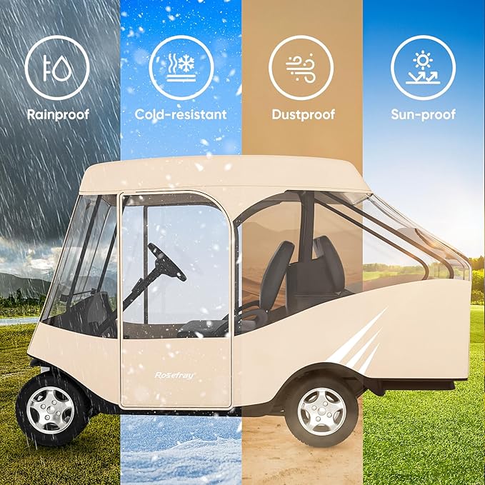 Rosefray Golf Cart Enclosure, 2+2 Drivable Rain Cover, Short Roof 58" - EZGO, Club Car - Durable Door Zipper - 4 Seater Golf Cart Cover Glowing at Night
