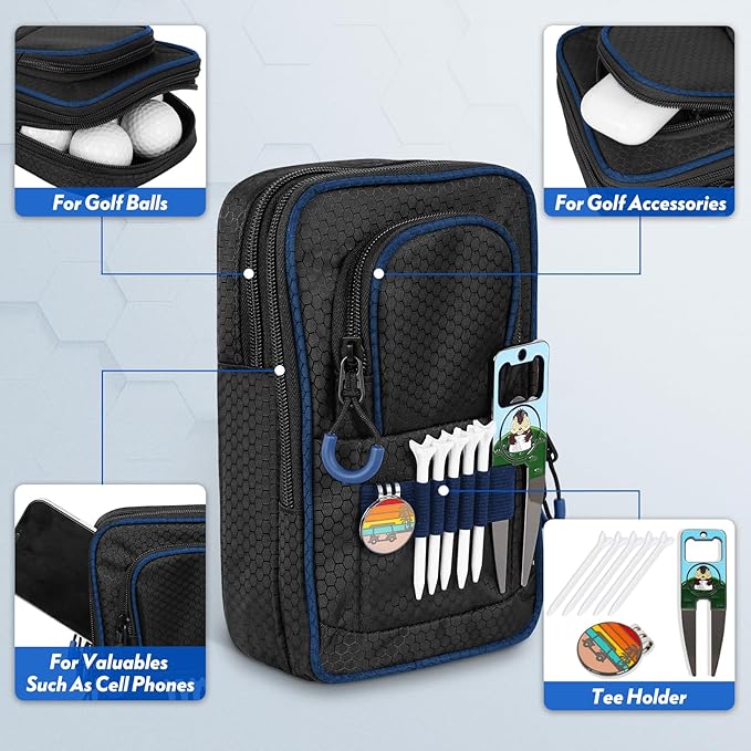 mytag Golf Ball Bag Pouch | Store 12-15 Balls, Golf Valuables Pouch Portable Outfit Organizer Bag Organizer Case Multipocket (Blue/Black)