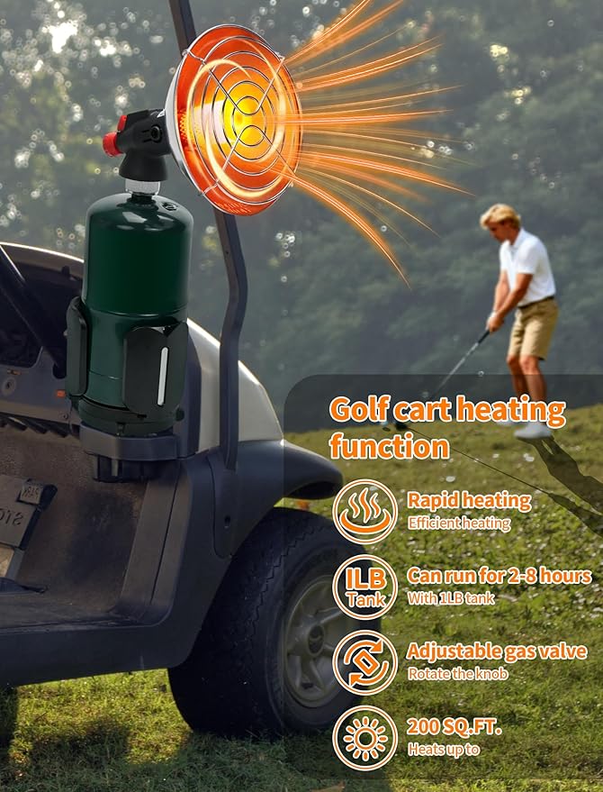 2-in-1 7200 BTU Golf Cart Heater Propane with Storage Box, Adjustable Cup Holder & Camping Base, Compatible with EZGO, Club Car, Yamaha, and More, Golf Cart Accessories (Propane Tank Not Included)