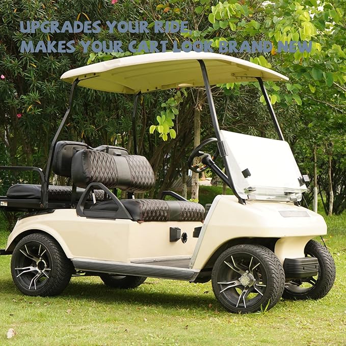 4PCS Golf Cart Diamond Seat Covers Kit, Fits Club Car DS 2000.5-up Golf Cart Vinyl Replacement Seat Cover （Black Stitching, No Stapler, Easy to Clean）