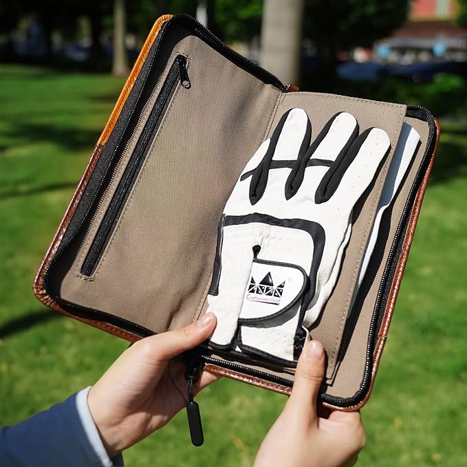 CRAFTSMAN GOLF Synthetic Leather Glove Keeper Stash Holder Stylish Light Brown and Brown Spliced Design Golf Glove Pouch Wallet