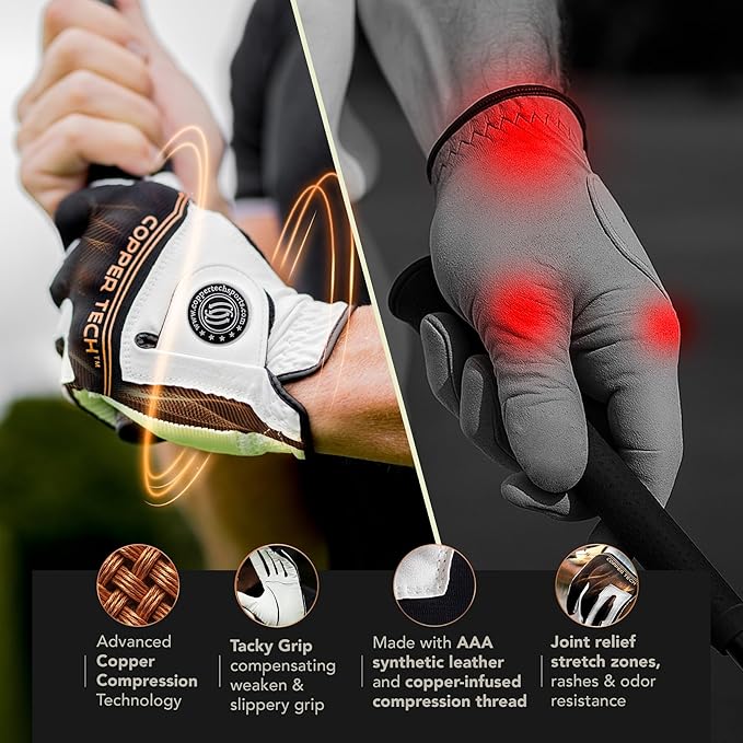 Copper Tech Golf Gloves Men Right Handed Golfer Or Left Handed Golfer (2 Pack) | Copper Compression Joint Support with Flexible & Comfortable Fit | AAA Leather Construction & Tacky Silicone Pad