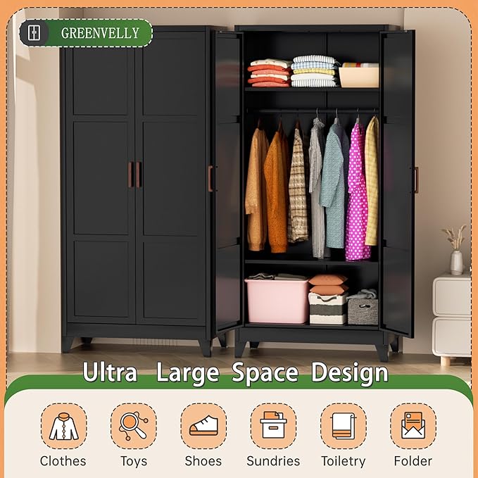 Greenvelly Metal Wardrobe Cabinet, 19" D x 36" W x 72" H Metal Wardrobe Closet with Hanging Rods and Adjustable Shelves,Clothing Storage Closet Cabinet for Bedroom, Cloak Room, Laundry Room (Black)