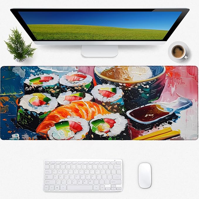 Vibrant Sushi Gaming Mouse Pad, Desk Mat, Non-Slip Rubber Base Cool Aesthetic MousePads for Computer Laptop Keyboard Office School Home Desktop Accessories Decor 31.5" x 11.8"