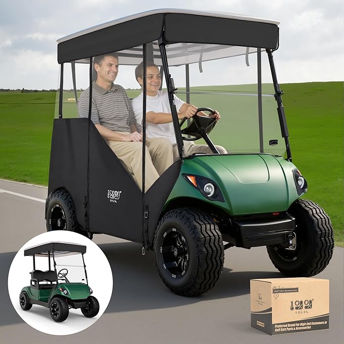 10L0L 3-Sided Track Style Golf Cart Enclosure fit 2 Passenger Yamaha G29 Drive,Waterproof 600D Oxford Cloth Yamaha Rain Cover with Aluminum Pre-Drilled Track,Clear PVC Windshield-Black Valance