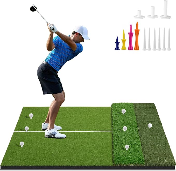 Tri-Turf Premium Golf Hitting Mat, 6x4ft Extra Large, 50mm/55mm/31mm Extra Thick, Non-Slip Foam Base, Dense Artificial Grass, Accept Real Tees, Indoor & Outdoor Practice, Drive/Chip/Pitch, with Tees