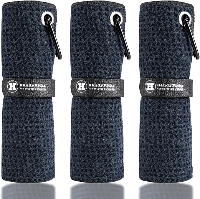 Handy Picks Microfiber Golf Towel (16" X 16") with Carabiner Clip, Waffle Pattern Golf Towel Hook and Loop Fastener - The Convenient Golf Cleaning Towel