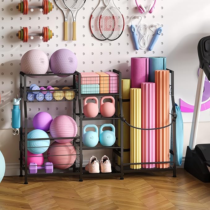 Sonyabecca Golf Bag Stand Golf Storage Organizer for Garage with Basket and Hooks, Storage Rack for 2 Golf Bag, Golf Gift for Men Sports Equipment Organizer, Two Assembly Methods