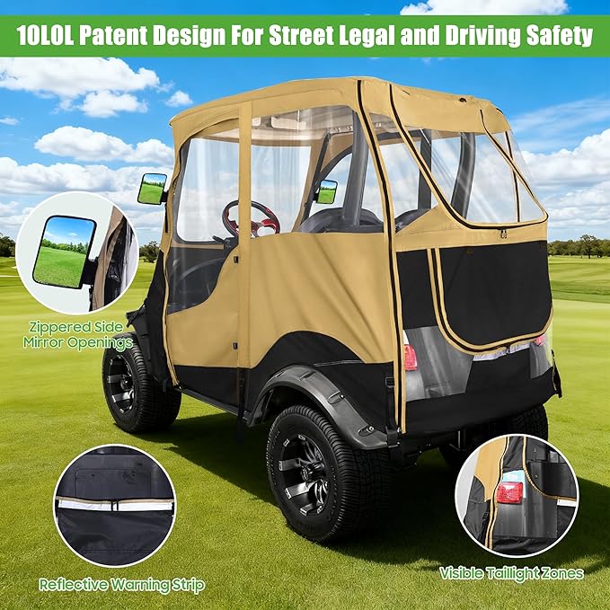 10L0L Golf Cart Driving Enclosure for 2 Passenger Club Car Precedent, Onward & Tempo, 600D Deluxe Heavy Duty Oxford Cloth Waterproof Windproof Golf Cart Rain Cover (Beige/Transparent)