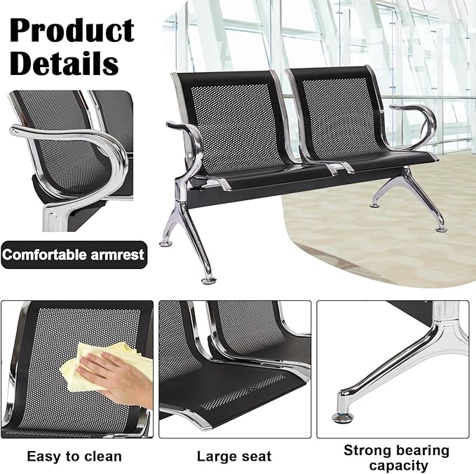 kinbor Waiting Room Chairs - 2 Seat Office Guest Chair Waiting Room Bench Furniture with Armrest for Clinic, Bank, Airport, Black