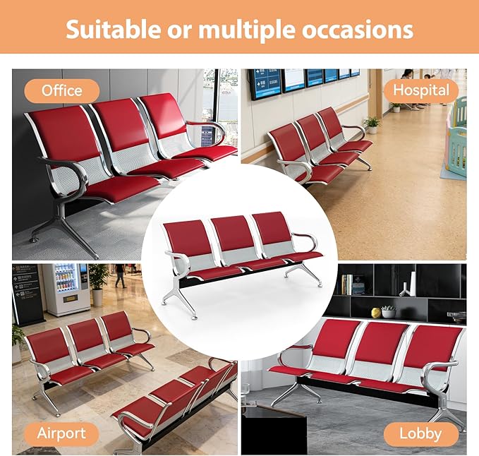 Kinfant Red 9-Seat Waiting Room Chairs with Arms – Heavy-Duty Steel Frame PU Leather Back & Cushioned Seat, Ergonomic Office Reception Guest Chair for Lobby, Clinic, Airport
