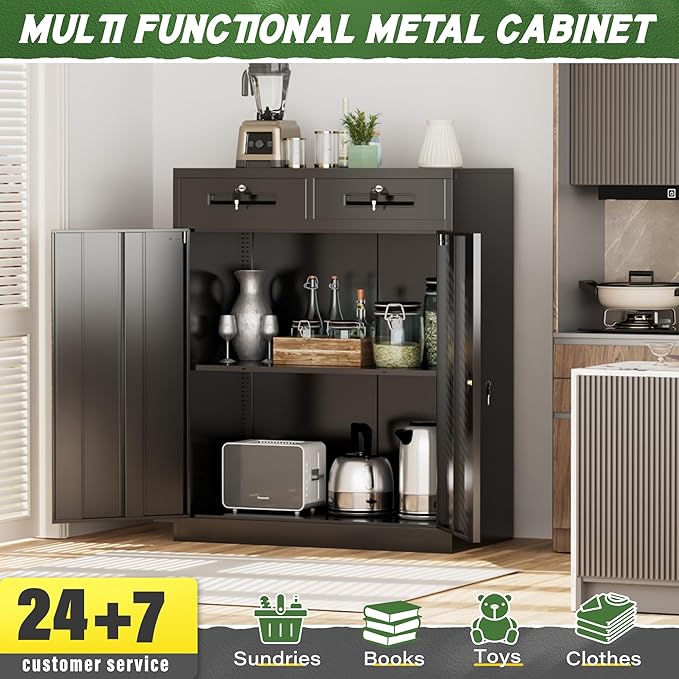 Greenvelly Metal Storage Cabinet with 2 Drawers,36" Black Lockable Metal Cabinets with Doors and Shelves, Steel File Cabinet with Lock for Home Office, Garage, School, Apartment,Warehouse