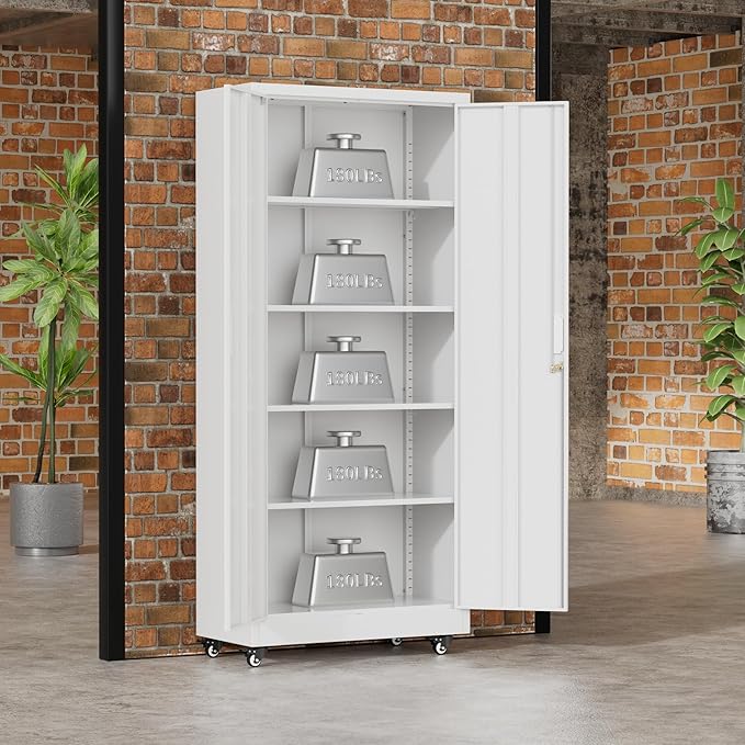 Greenvelly 73" Metal Storage Cabinet with Wheel and Pegboard, Lockable White Metal Garage Cabinets with 2 Doors and 4 Adjustable Shelves, Rolling Steel Tool Cabinet for Garage, Home Office, School