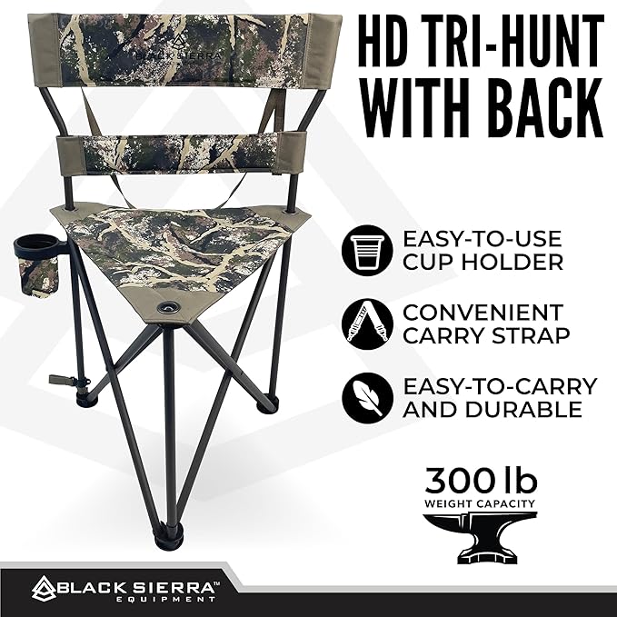 Black Sierra HD Tri-Hunt with Back Hunting Stool, Foldable Tripod Seat w/Steel Frame Supports 300 Lbs, Heavy Duty Fishing Chair Features Cup-Holder & Carry Shoulder Strap, for Camping
