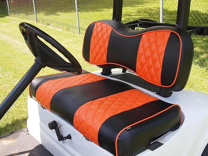 Huskey 2PCS Golf Cart Front Seat Covers for for EZGO Freedom TXT 2014+, Valor Custom Two-Tone Black/Orange Diamond Stitching with Orange Piping, Marine Grade Vinyl Material, Staple on Design