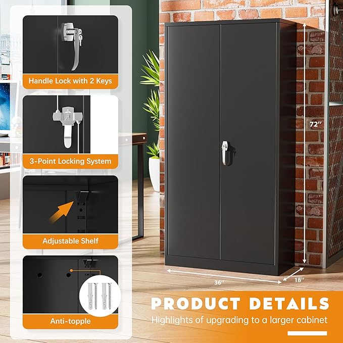 Greenvelly Steel SnapIt Storage Cabinet, 72" Locking Metal Garage Storage Cabinet with 4 Adjustable Shelves, 2 Doors and Lock for File, Office, Garage, Home (Black)