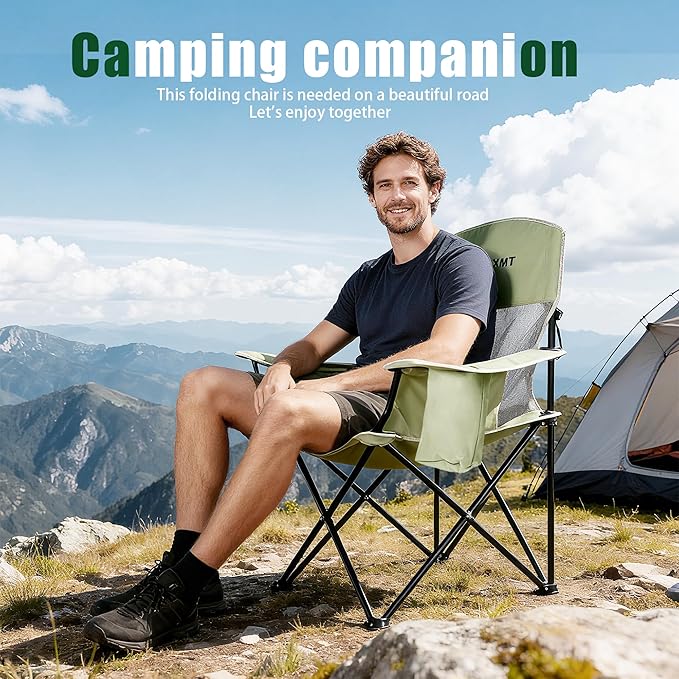 Portable Outdoor Folding Chair with Cup Holder & Cooler Bag - Breathable Mesh, Wide Armrests, Ergonomic Design for Camping, Beach, Backyard - Includes Storage Bag & Bottle Opener (Black/Green/Red)