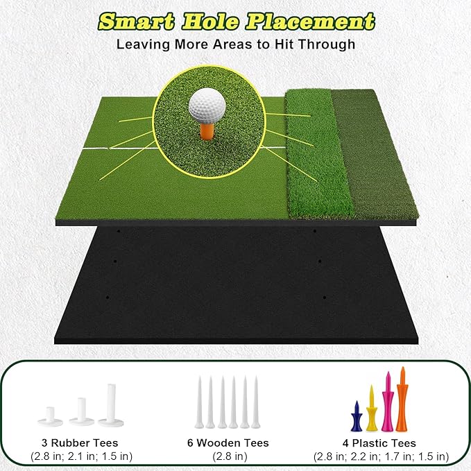 Tri-Turf Premium Golf Hitting Mat, 6x4ft Extra Large, 50mm/55mm/31mm Extra Thick, Non-Slip Foam Base, Dense Artificial Grass, Accept Real Tees, Indoor & Outdoor Practice, Drive/Chip/Pitch, with Tees