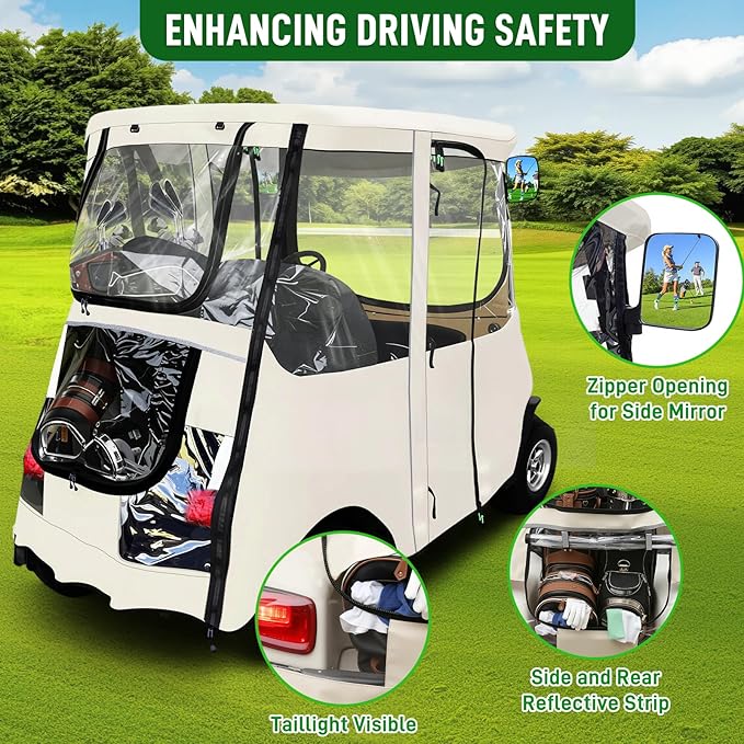 Golf Cart Deluxe Driving Enclosure 2 Passenger Fits Club Car Precedent 2004-Up, Tempo & Onward 2017-Up, Fits Short Roof 42.6" W and 59.9" L, Clear Window with Door Zippers 600D Rain Cover