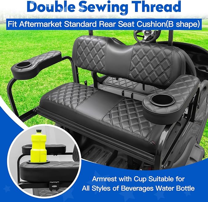 NOKINS Golf Cart Seat Covers for Club Car DS 2000.5-Up,Vinyl Front&Rear Seat Cover with Flip-Up Armrests kit,with Cup Holder, for 1" Square Tube(Black&Black Stitching)