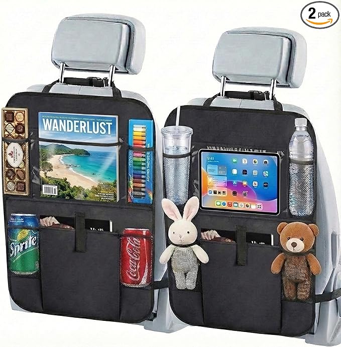 Car Backseat Organizer with 12" Touch Screen Tablet Holder, 600D Waterproof Kick Mats Back Seat Protector, Travel Storage Accessories for Kids Toddlers Road Trip Essentials, Black