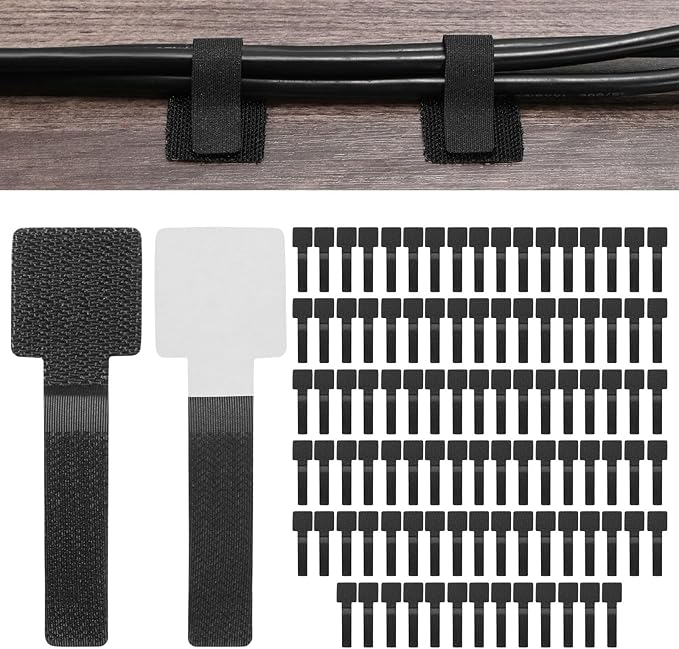 100-Pack Hook and Loop Cable Ties, 3.5 x 1.1 Inch Adjustable Self-Adhesive Cord Organizer for Desk/Home/Wall/Office Essentials, Cable Management Under Desk [Black]