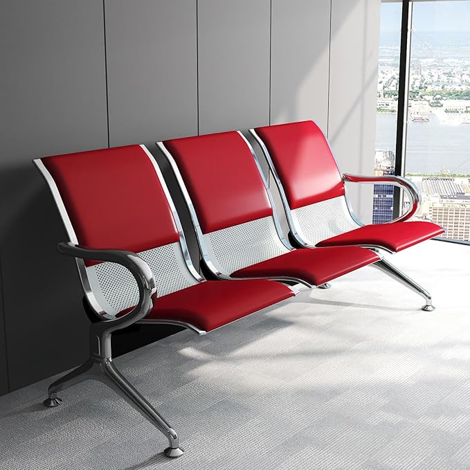 Kinfant 3-Seat PU Leather Waiting Room Bench – Red Reception Chair for Office, Hospital, Bank, Salon, Airport
