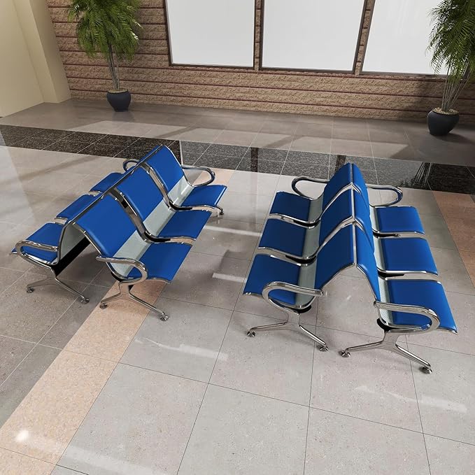 Kinfant Blue 12-Seat Waiting Room Chairs with Arms – Heavy-Duty Steel Frame PU Leather Back & Cushioned Seat, Ergonomic Office Reception Guest Chair for Lobby, Clinic, Airport