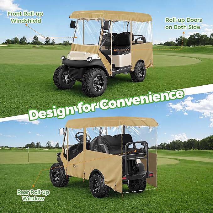 10L0L Universal Golf Cart Enclosure 86.6in 4 Passenger Fit for Yamaha Club Car EZGO TXT RXV, Waterproof Windproof Snowproof Portable Transparent 4 Sided Driving Cover