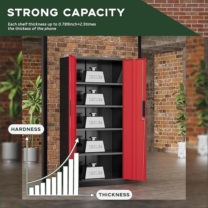 Greenvelly Metal Garage Storage Cabinet, 72" Black Red Tool Steel Locking Cabinet with Doors and 4 Shelves, Tall Cabinets for Garage Storage Systems Lockable File Cabinet for Home Office,Garage