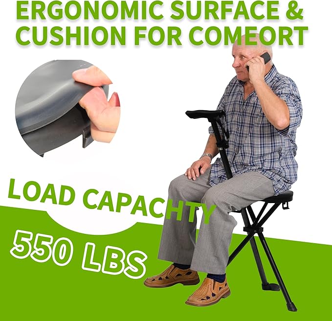 Portable Walking Stick with Cushion, Adjustable Height Cane with Seat, Portable Cane Stool, Lightweight Aluminum, Capacity 550 Lbs, for Camping, Hiking, Climb, Anti-Slip with Carry Bag