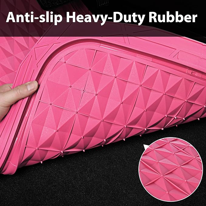 CAR PASS Heavy Duty Rubber Pink Car Floor Mats, Deep Dish All-Weather Full Set Durable Anti-Slip 3D Rhombus Waterproof Trim to Fit Liner Universal Fit Automotive,Sedan,SUV,Truck, 3 Pcs Hot Pink