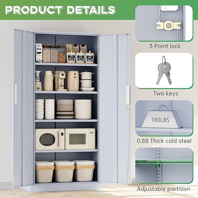 INTERGREAT Metal Storage Cabinet with Lock, 63" H Metal Cabinets Storage with 2 Doors and 4 Adjustable Shelves, Locking Garage Cabinet for Home Office, Kitchen, Bathroom (Cement Grey)