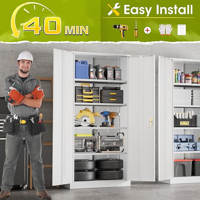 Greenvelly Metal Lockable Storage Cabinet, 72” Tall Storage Cabinet with 2 Doors and 4 Adjustable Shelves for Office, Home, Garage, Pantry (Assembly Required, 18”D, White)