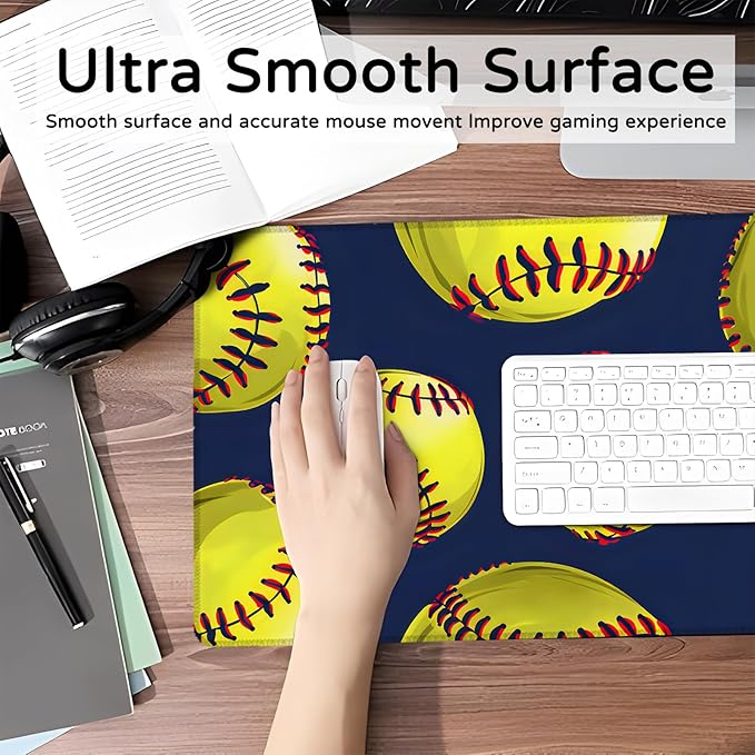 Softball Large Gaming Mouse Pad,Yellow Ball Desk Mat,31.5x11.8x0.12in Extended Non-Slip Rubber Sport Mousepad,Computer Deskmat Gifts,Laptop Mice Pads Decor for Home Office