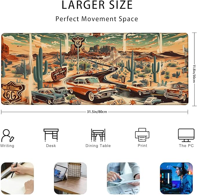 Classic Route 66 Road Trip Gaming Mouse Pad Gifts 31.5" x 11.8", Non-Slip Rubber Base MousePads for Computers Laptop School Office Home Accessories Decor, Mouse Pad, Keyboard Desk Mat