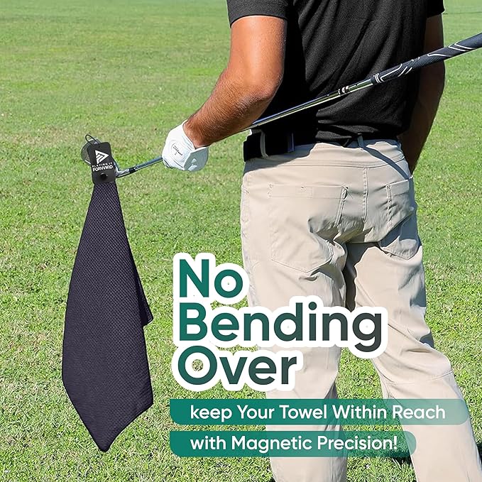 Magnetic Golf Towels for Golf Bags with Clip & Ultra Strong Magnet - Waffle Weave Microfiber Towel for Secure Hold on Bags & Carts - Ideal Club Cleaner & Accessories - Black
