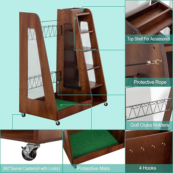 Wooden Golf Bag Organizer for Garage with Drawers, 2 Golf Bag Holder with Club Holders On Side for Car Garage Club Shed Basement, Gray
