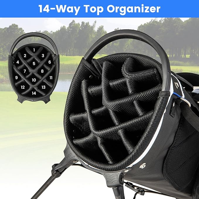 Tangkula Golf Stand Bag with 14 Way Top Dividers, Lightweight 6 Pockets Golf Club Bag with Cooler Bag, Adjustable Dual Strap & Rain Hood, Golf Carry Bag for Men & Women