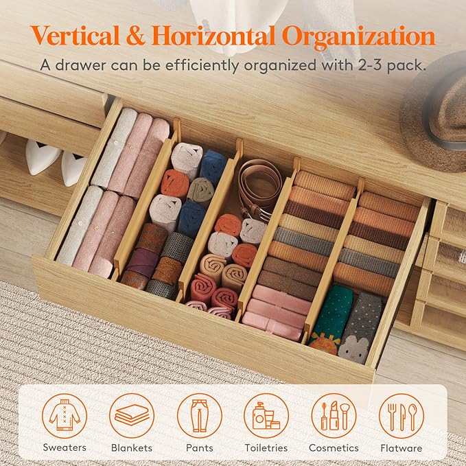 Lifewit 8 Pack 6" Deep Bamboo Drawer Dividers, 17.5-22" Expandable Drawer Organisers for Clothes, Adjustable Dresser Drawer Divider, Clothing Drawers Separators for Dresser, Bedroom, Bathroom, Office