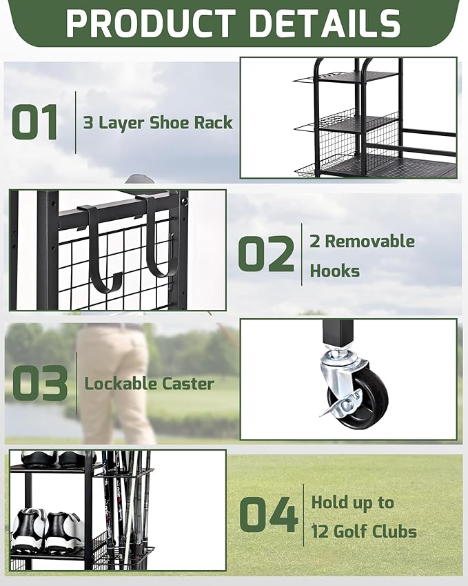 Golf Bag Storage Organizer Rack for Garage, Golf Bag Stand with Rolling Wheels, Heavy-Duty Metal Golf Equipment Organizer for Home, Garage, Clubhouse