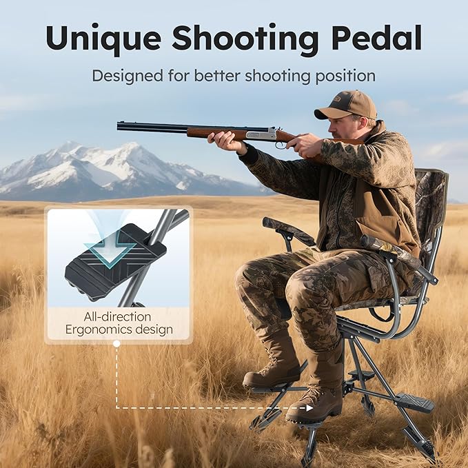LET'S CAMP Folding Hunting Chair for Blinds 360 Degree Silent Swivel, 330LBS Capacity Portable Padded Cushion Hunting Seat with Armrest, 4 Legs Adjustable Height, Shoulder Strap, Cup Holder-CAMO
