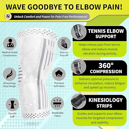 BLITZU Elbow Compression Sleeve for Tendonitis 2 Pack, Tennis Elbow Brace Support for Men and Women Golfers Elbow Pain Relief, Arthritis, Bursitis, Arm Brace for Workout, Weightlifting White M