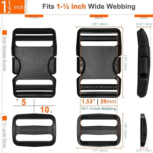 1-1/2 inch Straps Buckles Set: 6 yard Nylon Webbing Strap 1.5" Wide, 5 pack Side Release Plastic Buckle, 10 pcs Tri-glide Slide Clip, Heavy Duty Quick Snap Fasteners Dual Adjustable No Sew Required