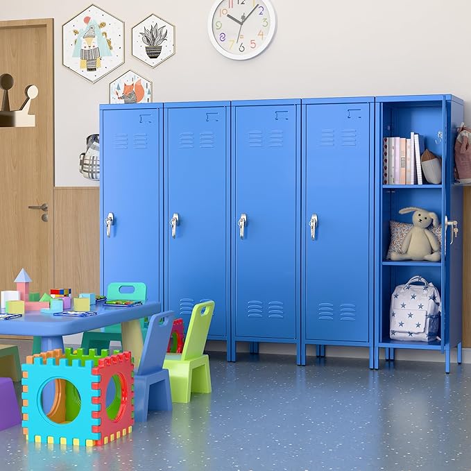 Aobabo Metal Locker, 54" H Metal Storage Locker for Employees, Lockable 1 Door with Towel Rack and 2 Side Pegboards with Hooks for School Office Gym Bedroom, Blue, Assembly Required