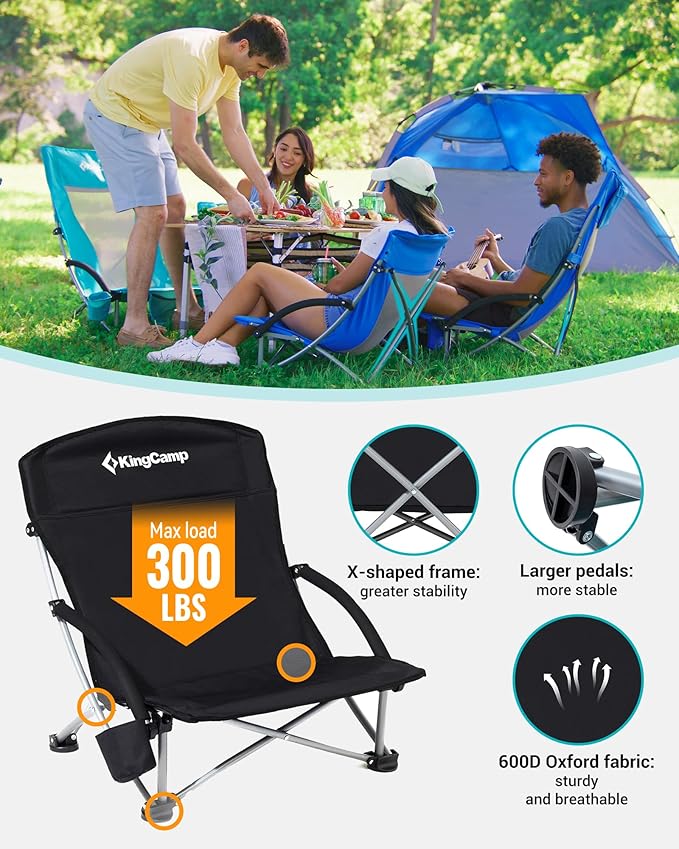 KingCamp Low Beach Chairs, Folding Portable Chair for Adults Lightweight Extra Wide Seat 300lbs Heavy Duty Oversized Backpack, Carry Bag for Camping