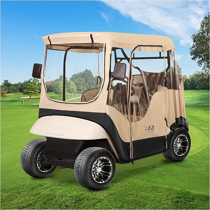 10L0L 2/4 Passenger Golf Cart Driving Enclosure for EZGO TXT/RXV Model, 4-Sided Clear Window 600D Rain Cover All Weather Windproof Waterproof - Black/Beige